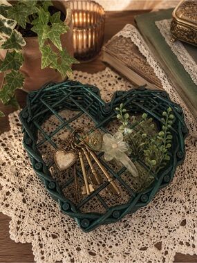 Vintage Green Heart Wicker Basket Cottagecore Vanity Decor